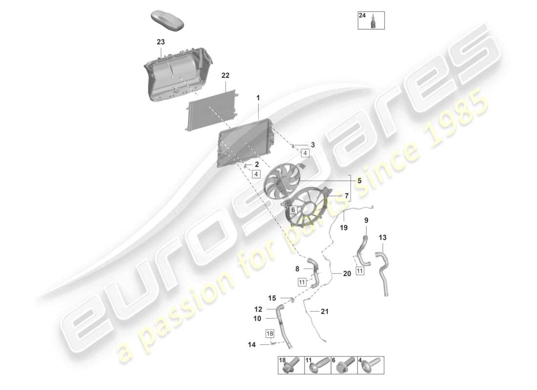 porsche 992 gt3/rs/st (2021 - 9j1) cooler for coolant center radiator fan part diagram