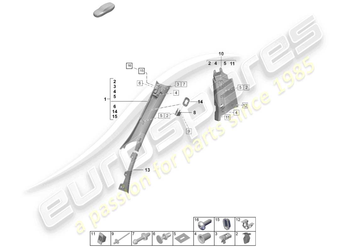 porsche 992 gt3/rs/st (2021 - 9j1) a-pillar trim b-pillar trim part diagram