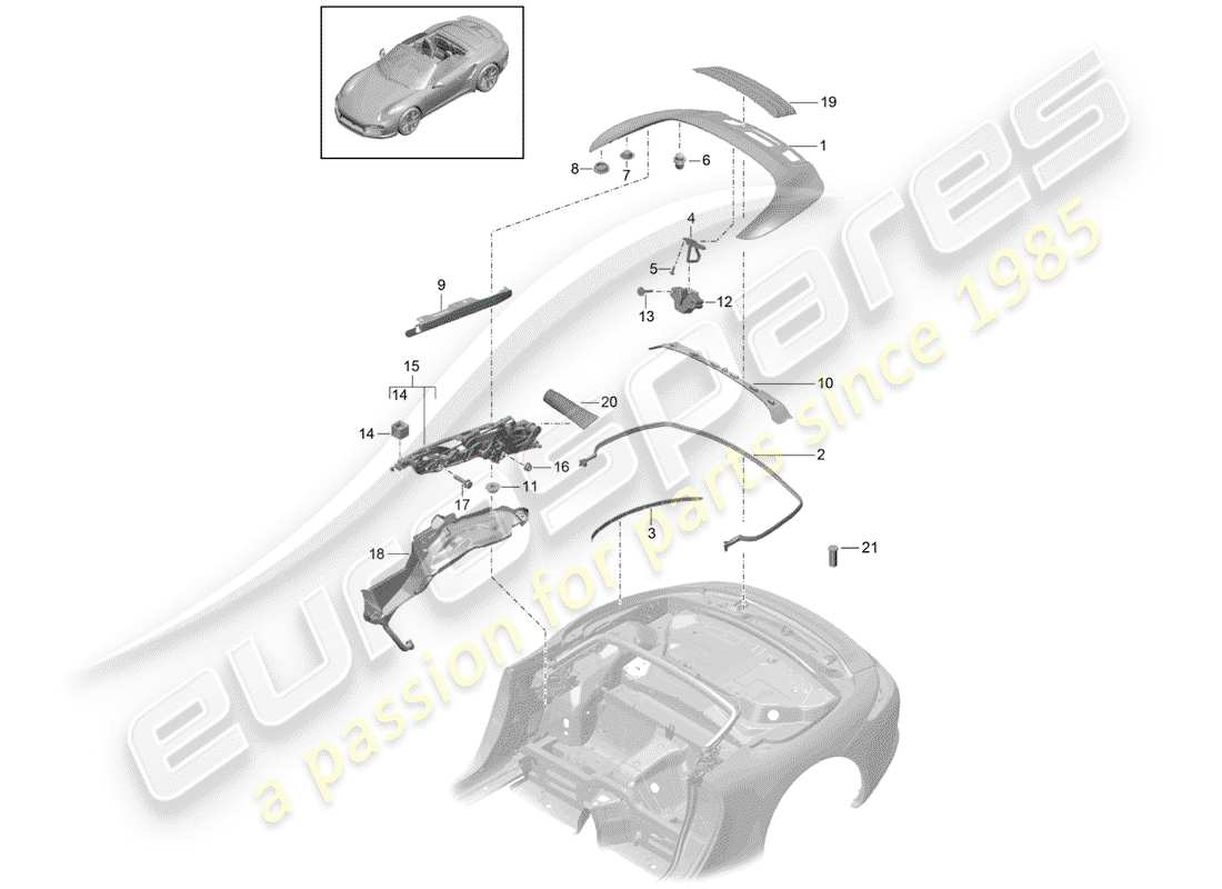 porsche 991 turbo (2018) top stowage box part diagram