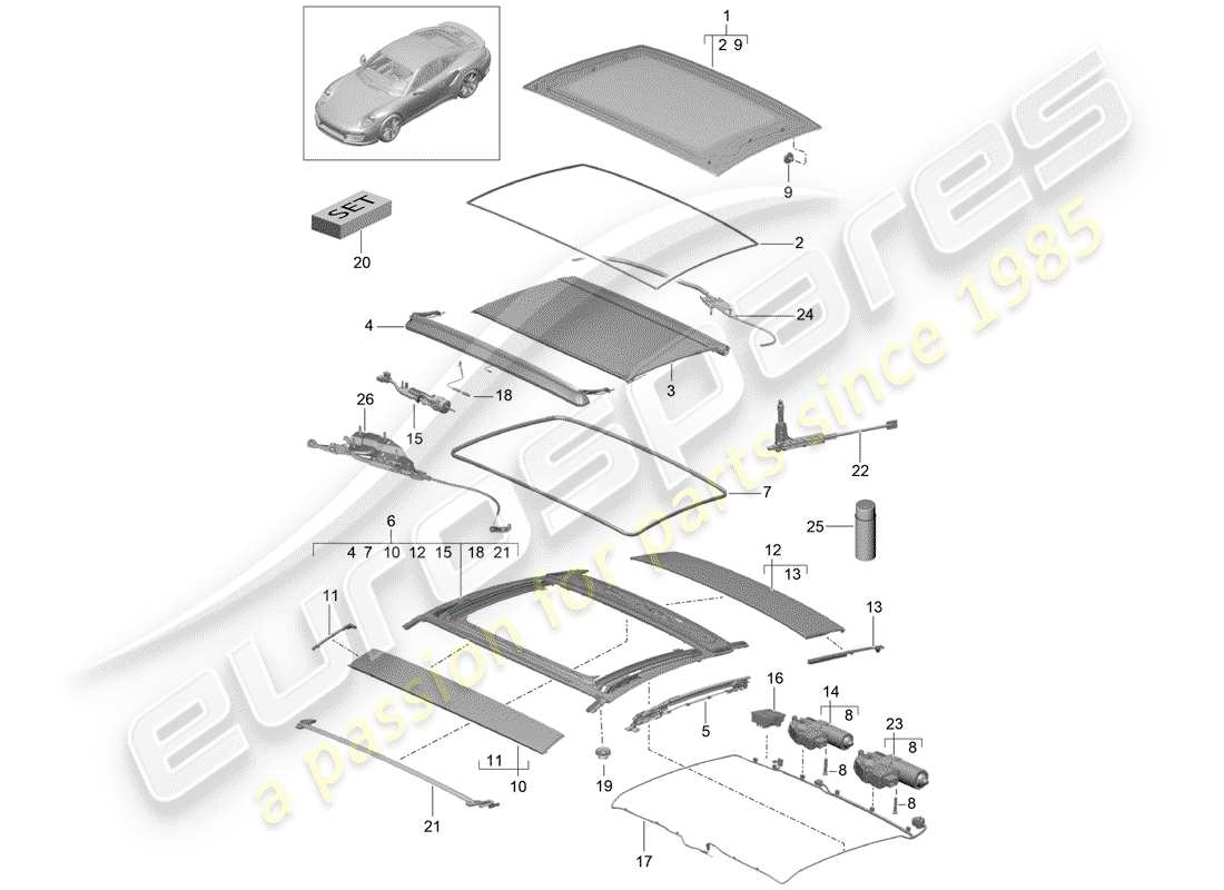 porsche 991 turbo (2018) glass roof part diagram