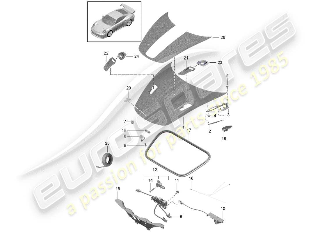 porsche 991 turbo (2018) hood part diagram