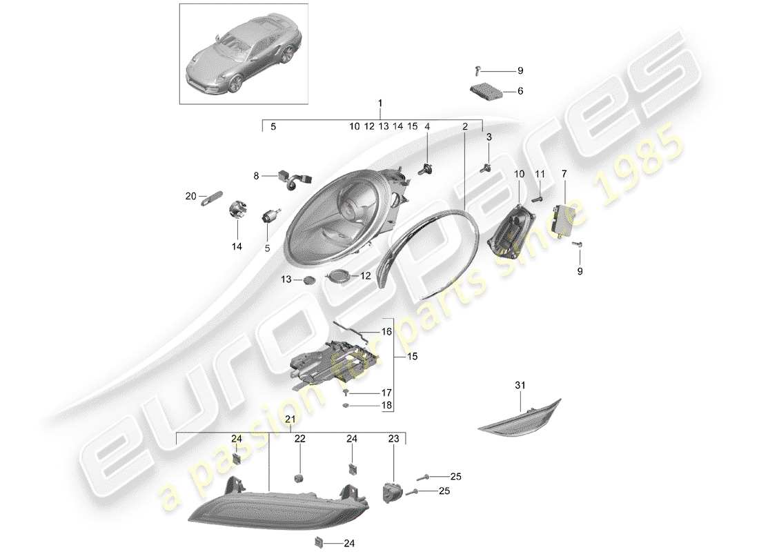 porsche 991 turbo (2018) headlamp part diagram