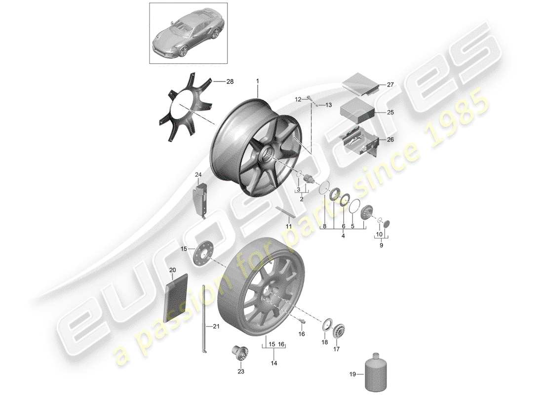 porsche 991 turbo (2018) alloy wheel part diagram