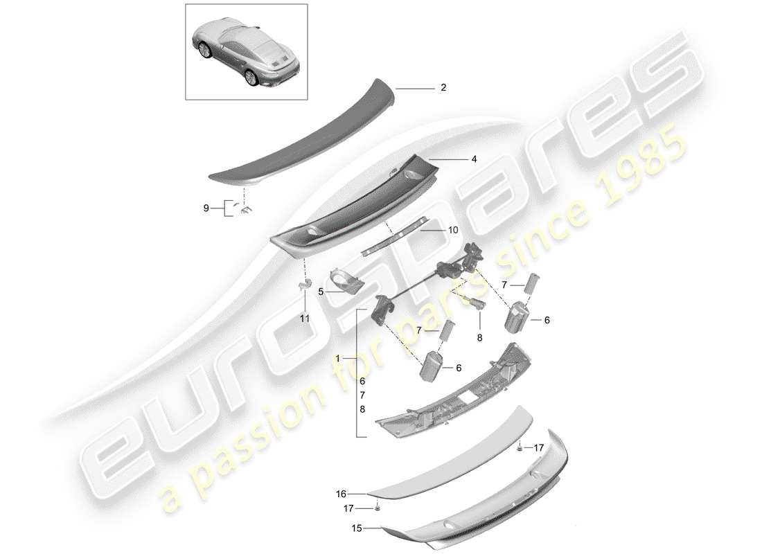 porsche 991 turbo (2018) rear spoiler part diagram