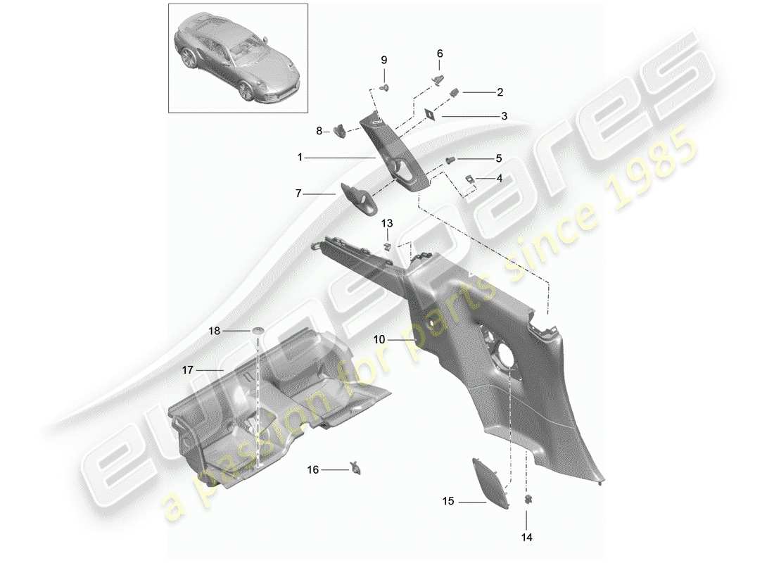 porsche 991 turbo (2018) quarter trim panel part diagram