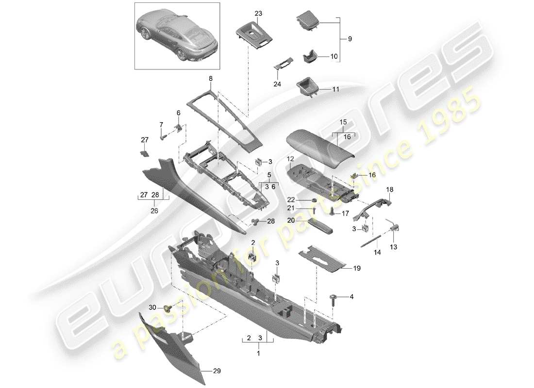 porsche 991 turbo (2018) center console part diagram