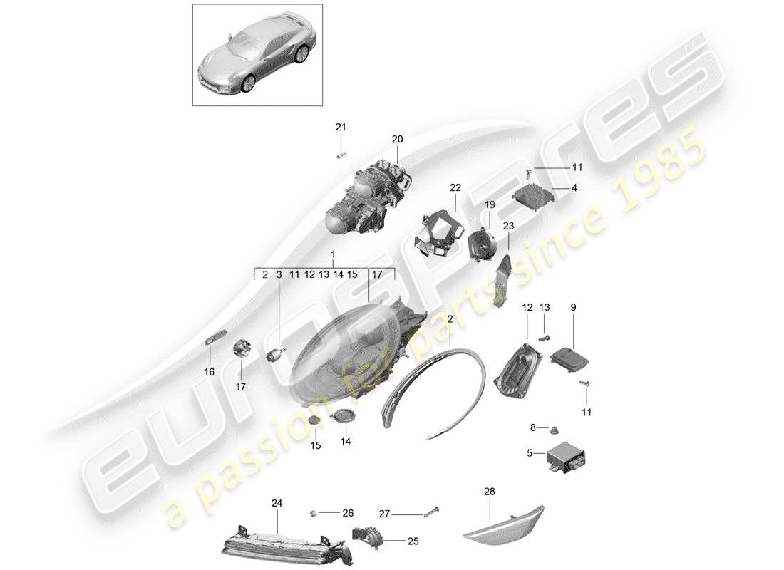 porsche 991 turbo (2018) headlamp part diagram