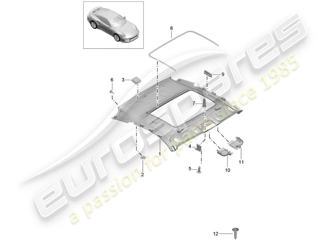 porsche 991 turbo (2018) roof trim panel part diagram