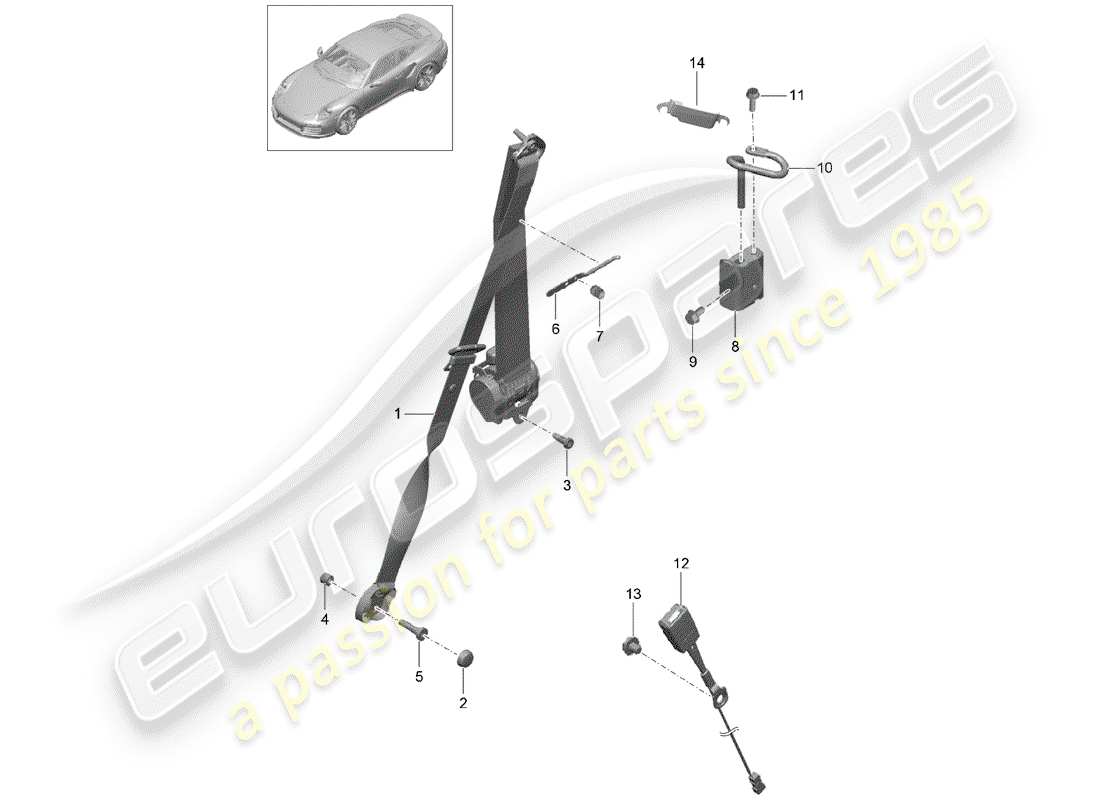 porsche 991 turbo (2018) three-point seat belt part diagram