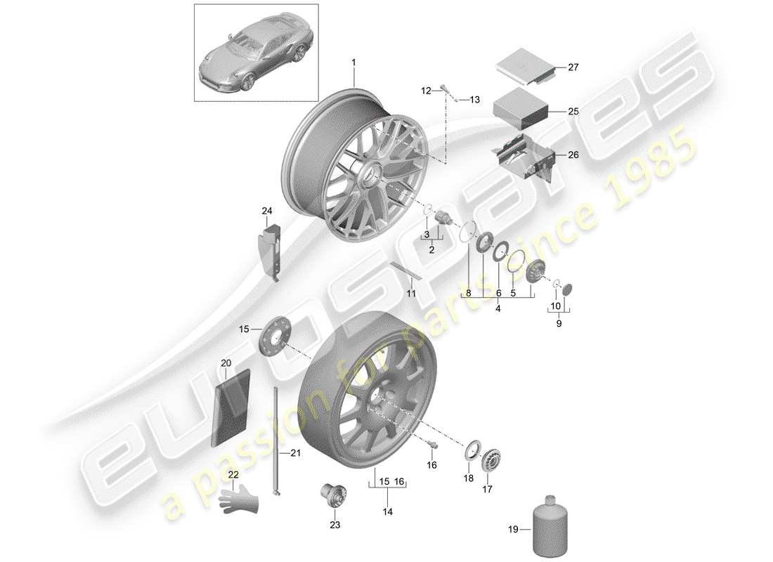 porsche 991 turbo (2018) alloy wheel with part diagram