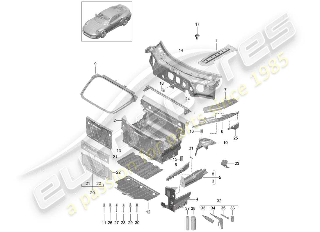 porsche 991 turbo (2018) front end part diagram