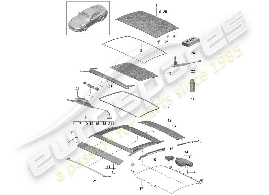 porsche 991 turbo (2018) glass sliding roof part diagram