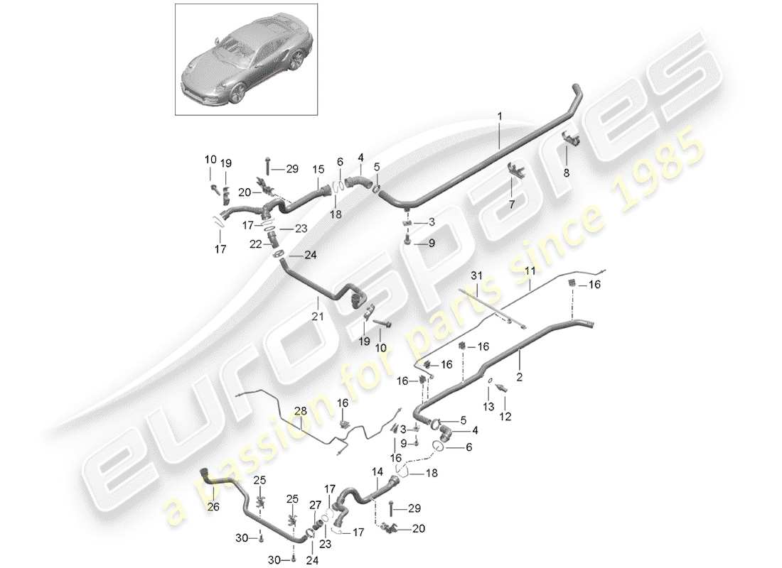 porsche 991 turbo (2018) water cooling part diagram