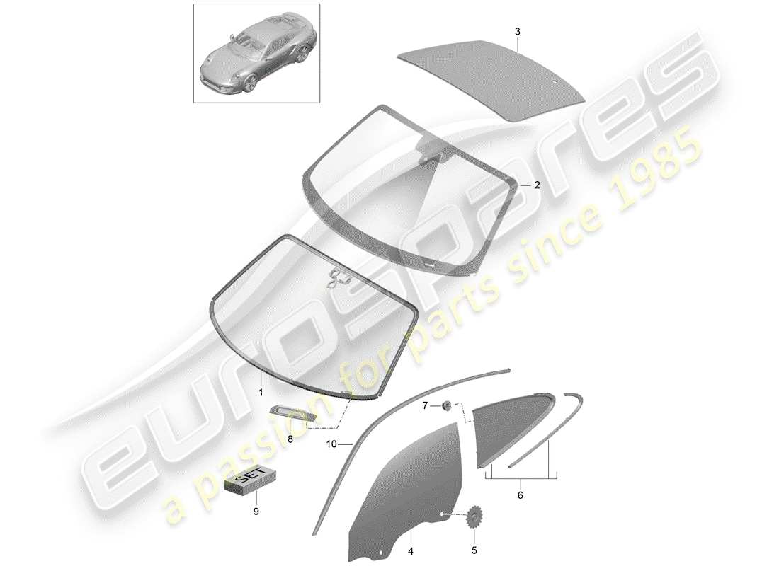 porsche 991 turbo (2018) windshield glass part diagram