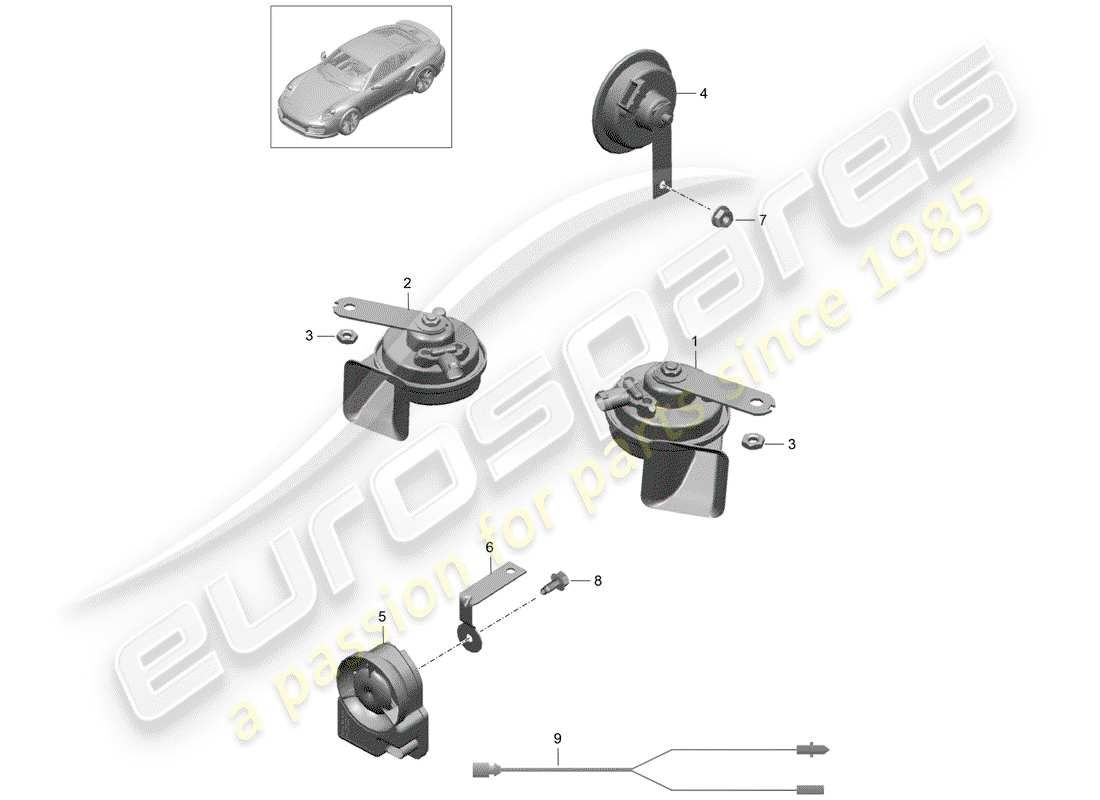 porsche 991 turbo (2018) fanfare horn part diagram