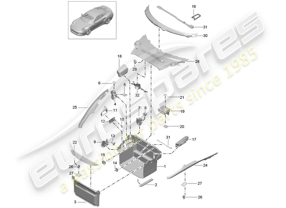 porsche 991 turbo (2018) boot lining part diagram