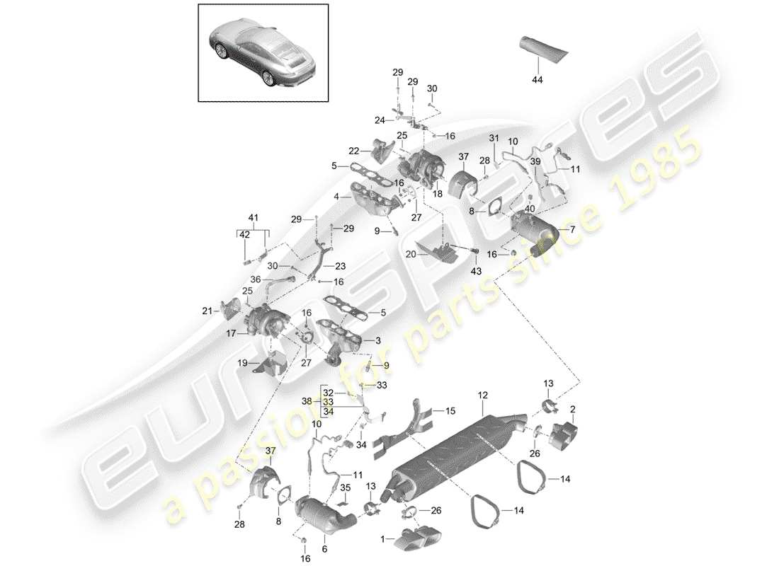 porsche 991 turbo (2018) exhaust system part diagram