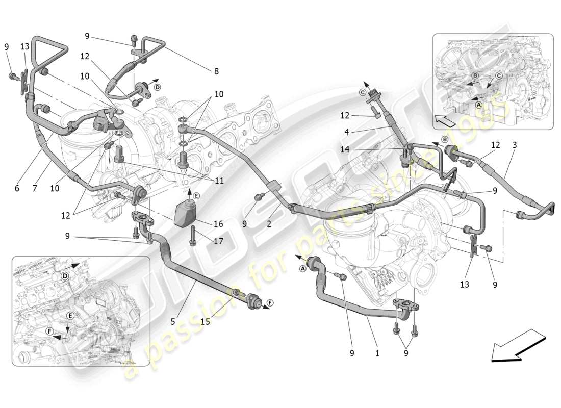 maserati mc20 cielo (2023) turbocharging system: lubrication and cooling part diagram