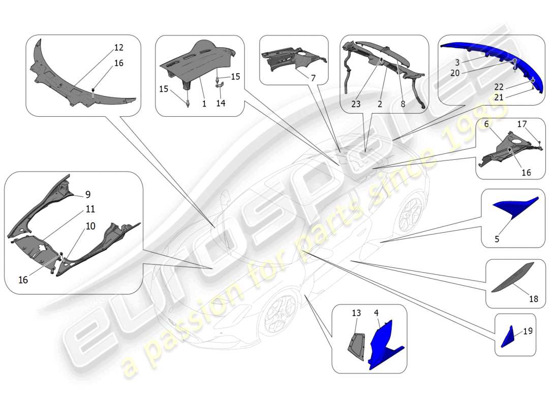 maserati mc20 (2023) shields, trims and covering panels part diagram