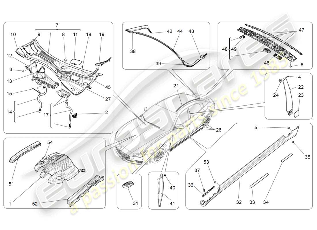 maserati quattroporte (2018) shields, trims and covering panels part diagram