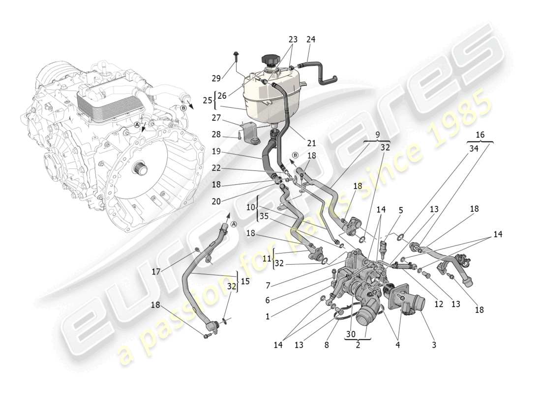 maserati mc20 (2022) cooling system: nourice and lines part diagram