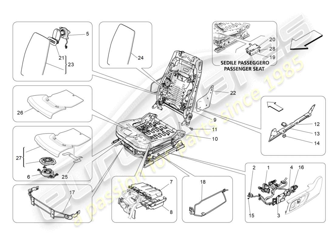 maserati quattroporte (2018) front seats: mechanics and electronics part diagram