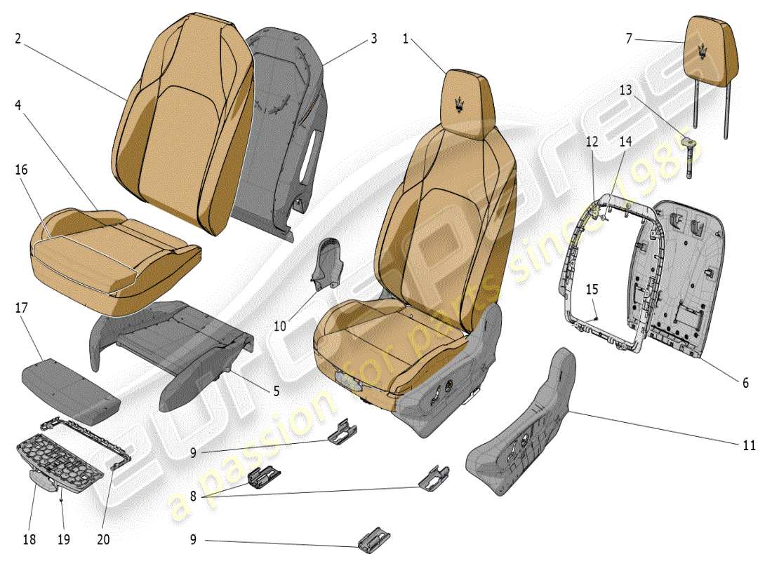 maserati grecale modena (2023) front seats: trim panels parts diagram