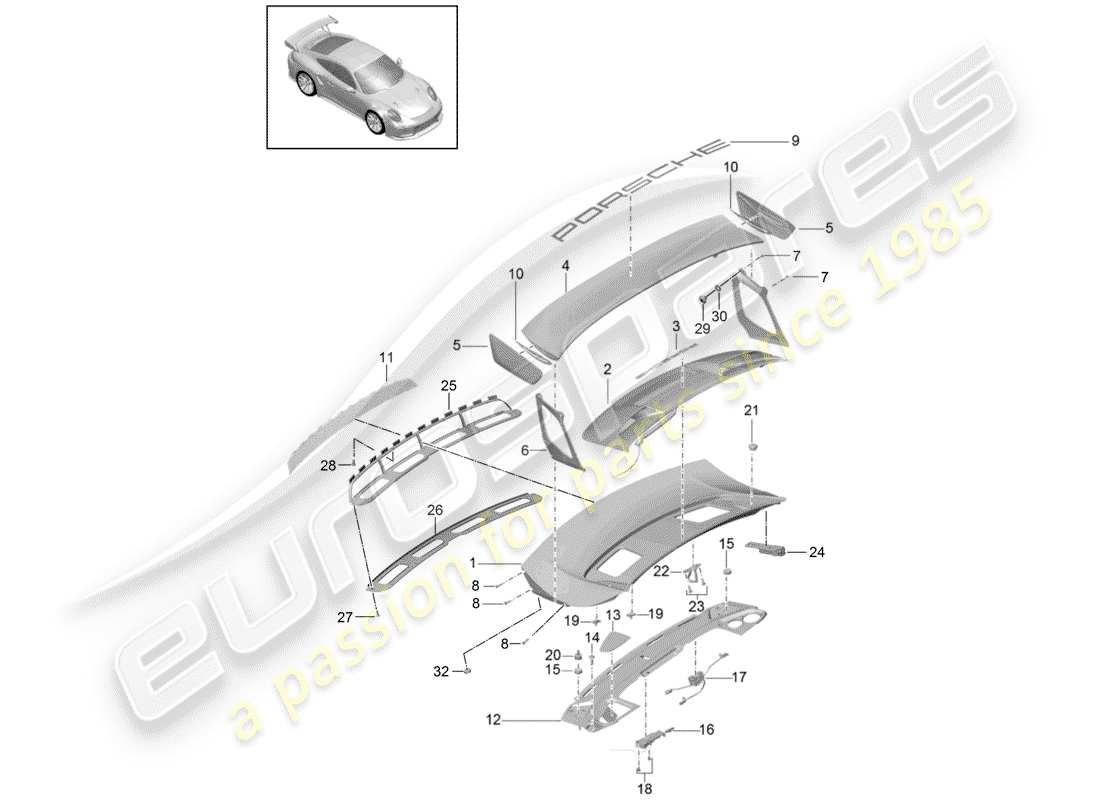 porsche 991 turbo (2018) rear trunk lid part diagram