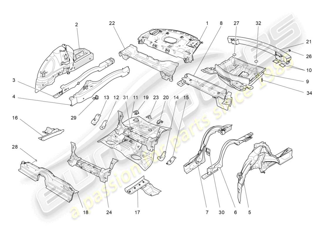 maserati quattroporte (2018) rear structural frames and sheet panels part diagram