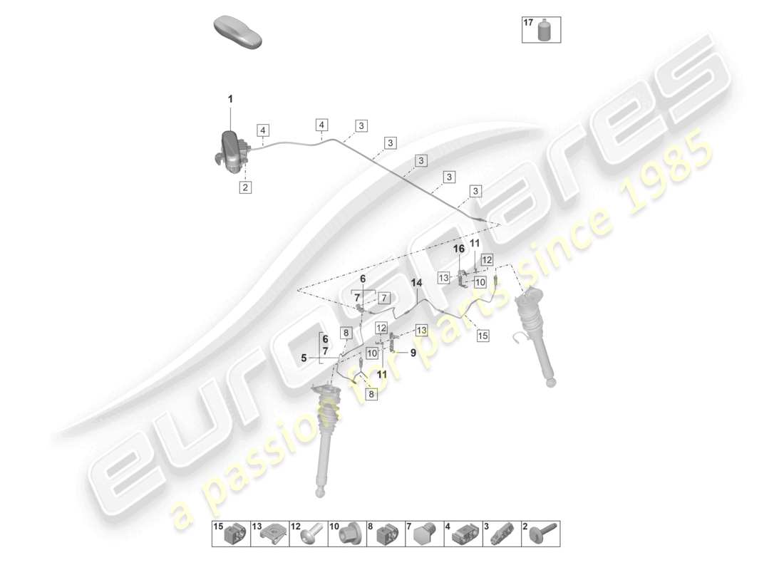 porsche 992 gt3/rs/st (2021 - 9j1) adaptive suspension hydraulic line part diagram