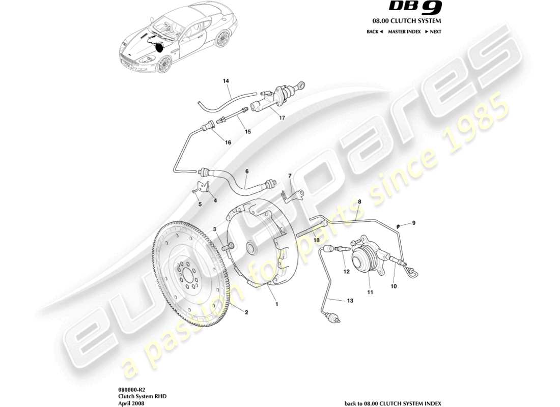 aston martin db9 (2012) clutch system, rhd part diagram