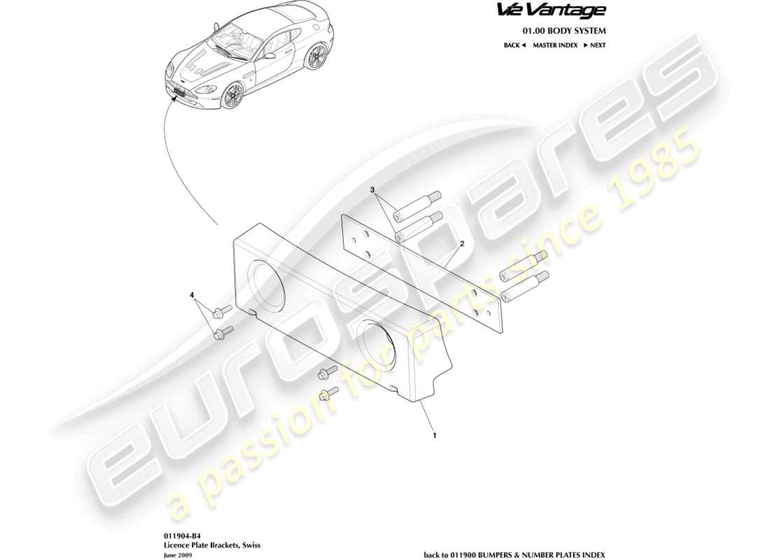 aston martin v12 vantage (2012) license plate brackets, swiss part diagram