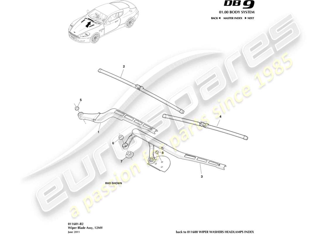 aston martin db9 (2007) wiper blade assembly, 12my parts diagram