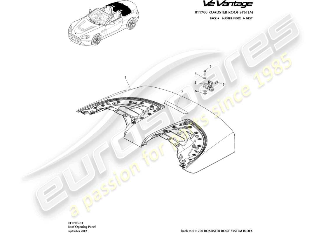 aston martin v12 vantage (2012) roof opening panel part diagram