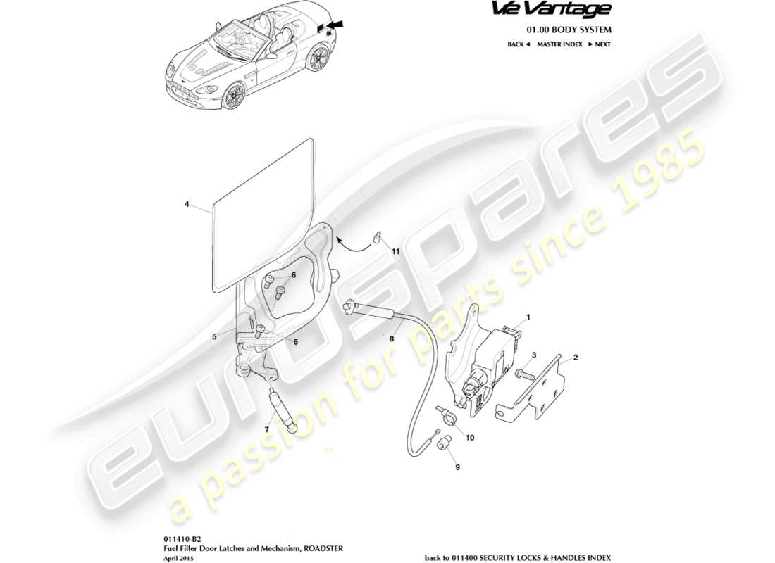 aston martin v12 vantage (2012) fuel filler mechanism, roadster part diagram