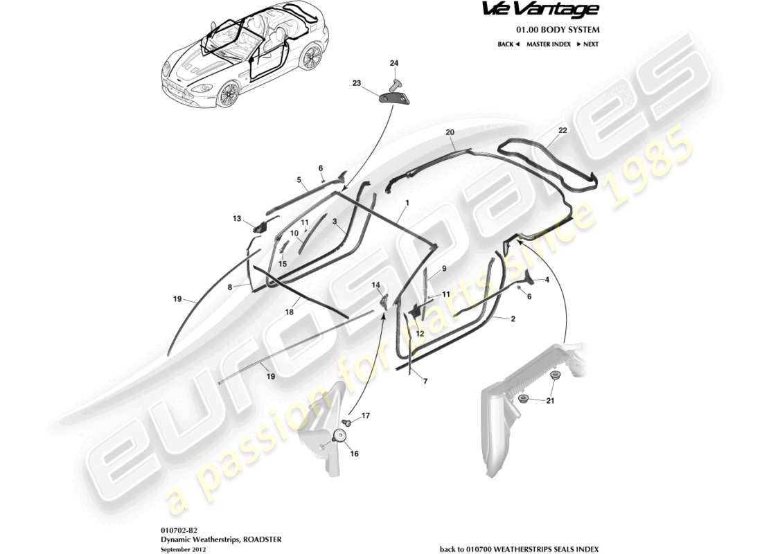 aston martin v12 vantage (2012) dynamic weatherstrips, roadster part diagram