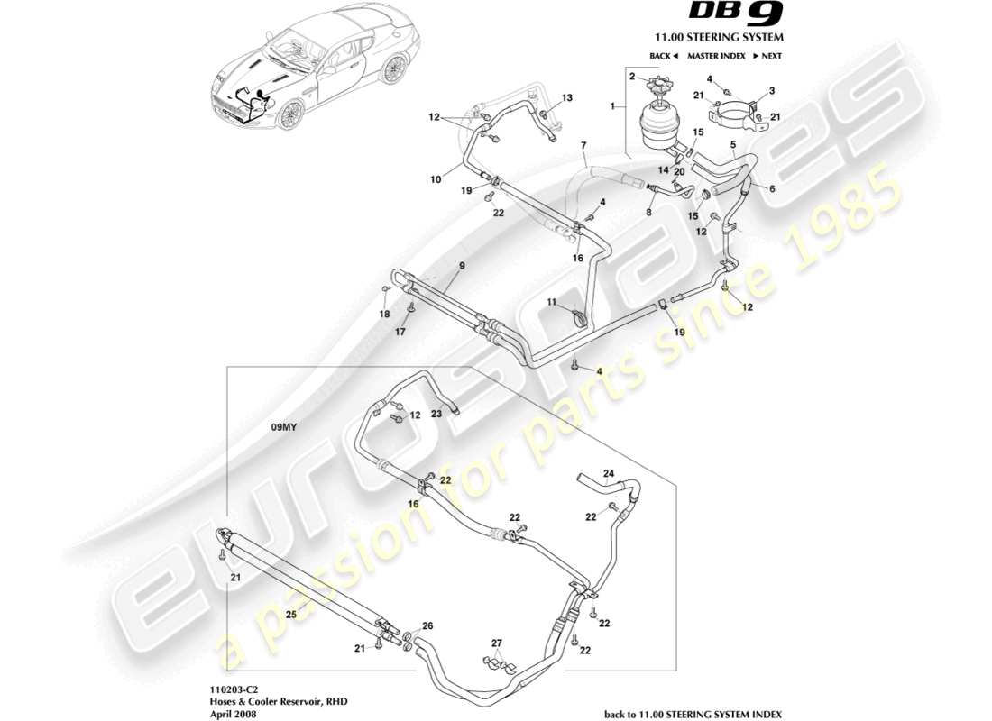 aston martin db9 (2012) cooler, hoses & reservoir, rhd part diagram