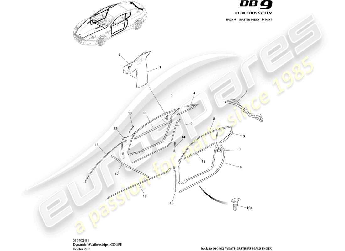 aston martin db9 (2007) dynamic weatherstrips, coupe parts diagram