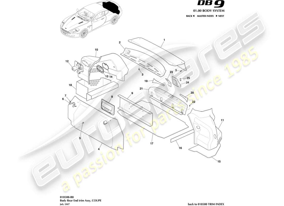 aston martin db9 (2012) rear end trim, coupe part diagram