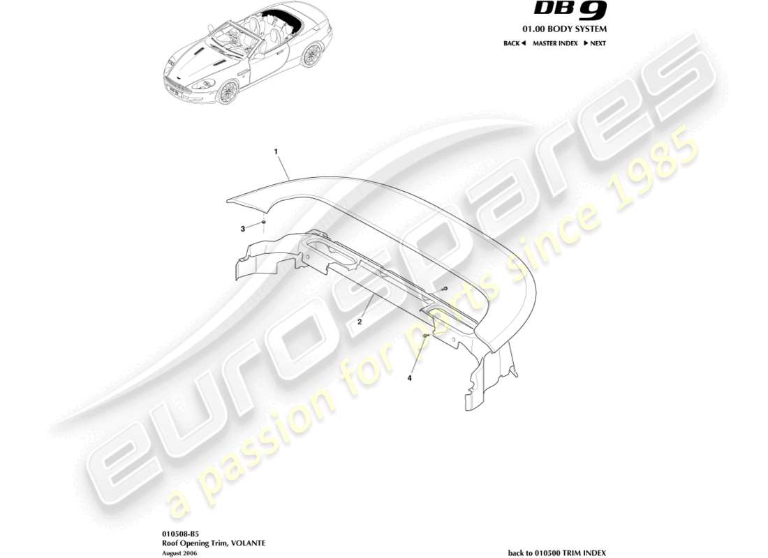 aston martin db9 (2012) roof opening trim part diagram