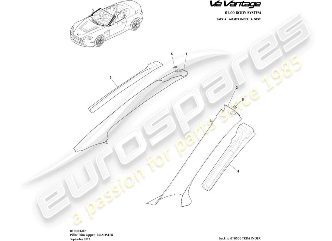 aston martin v12 vantage (2012) pillar trim, upper, roadster part diagram