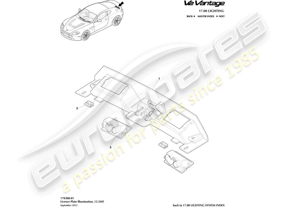 aston martin v12 vantage (2012) license plate lamps, 12.5my part diagram