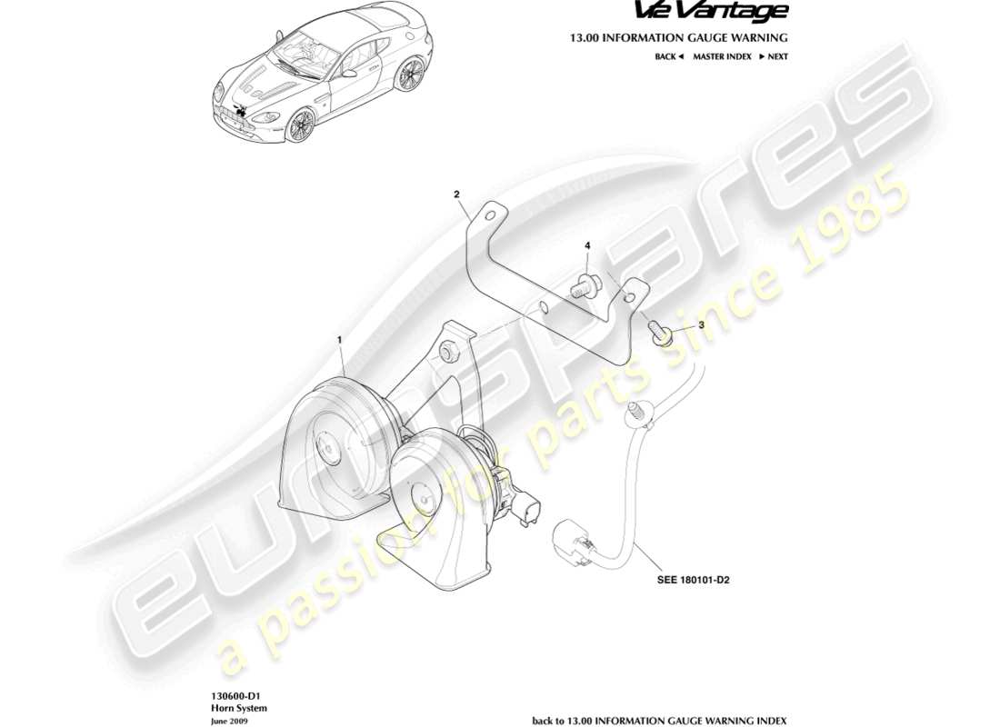 aston martin v12 vantage (2012) horn system part diagram