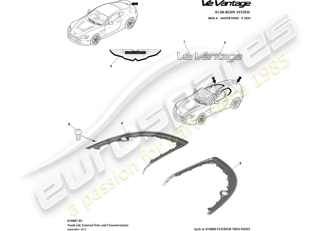 aston martin v12 vantage (2012) trunk lid trim part diagram