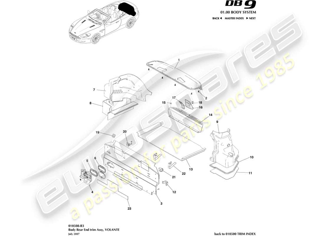 aston martin db9 (2012) rear end trim, volante part diagram