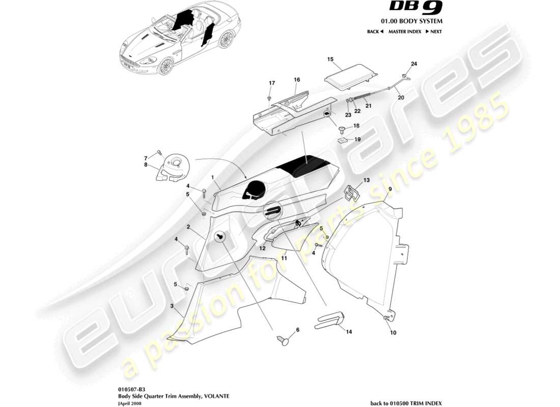 aston martin db9 (2012) body side quarter trim, volante part diagram