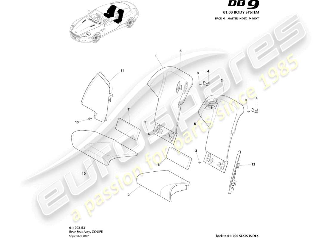 aston martin db9 (2007) rear seat, coupe parts diagram