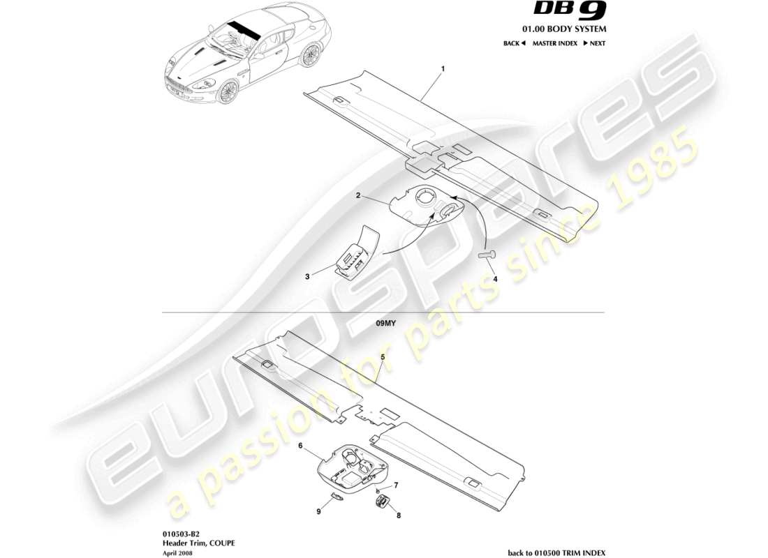 aston martin db9 (2012) header trim, coupe part diagram