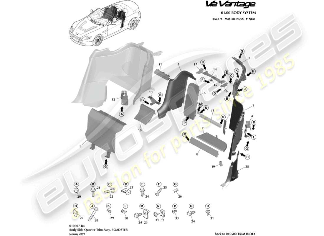 aston martin v12 vantage (2012) body side quarter trim, roadster part diagram