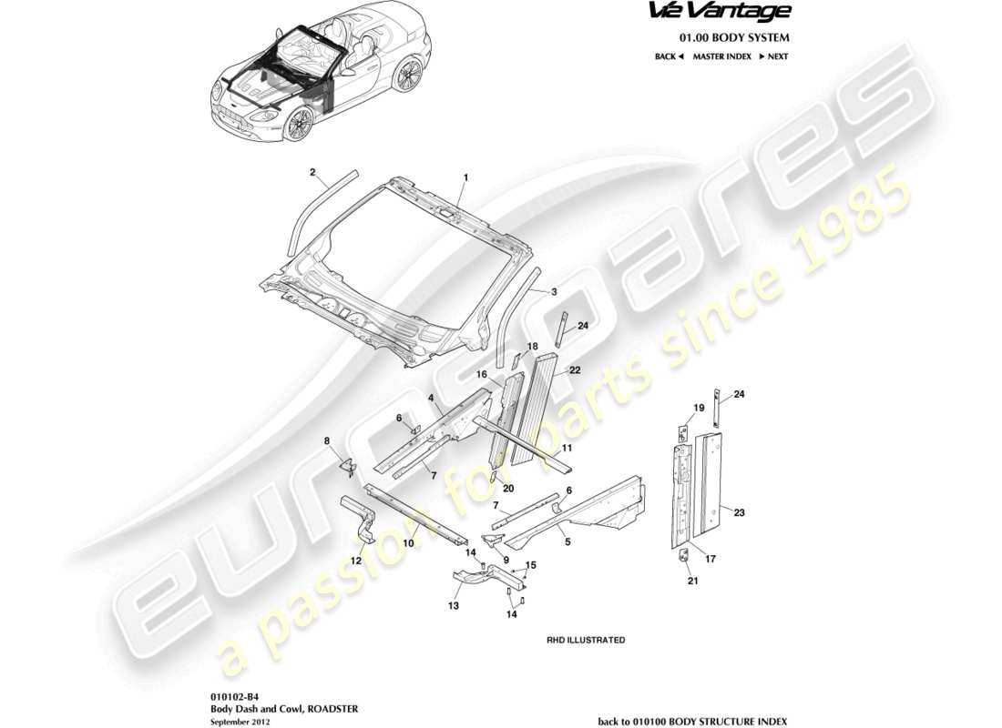 aston martin v12 vantage (2012) body dash and cowl, roadster part diagram